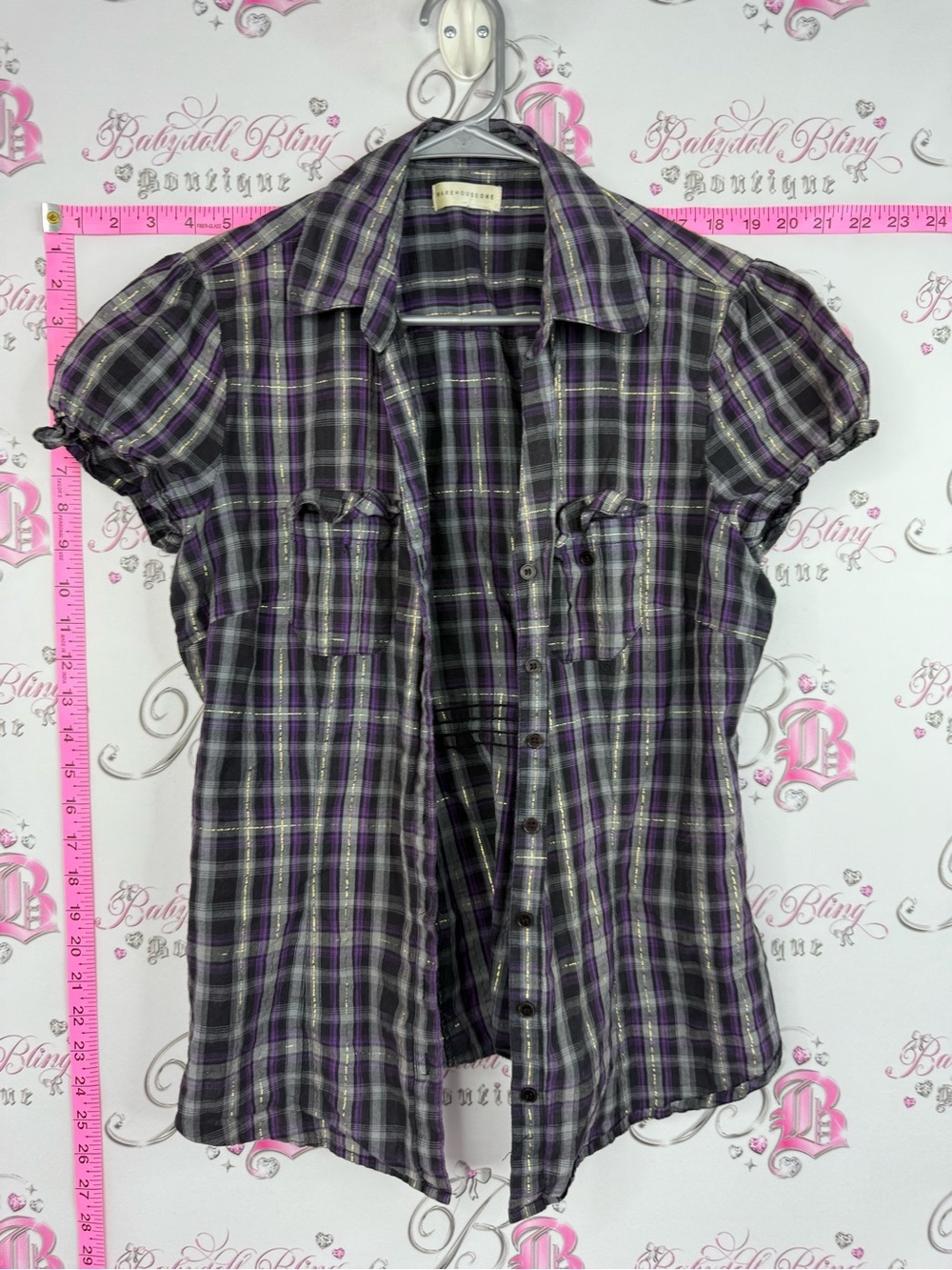 Warehouse One tshirt sparkly gold Purple & Black Plaid Button-Up Shirt